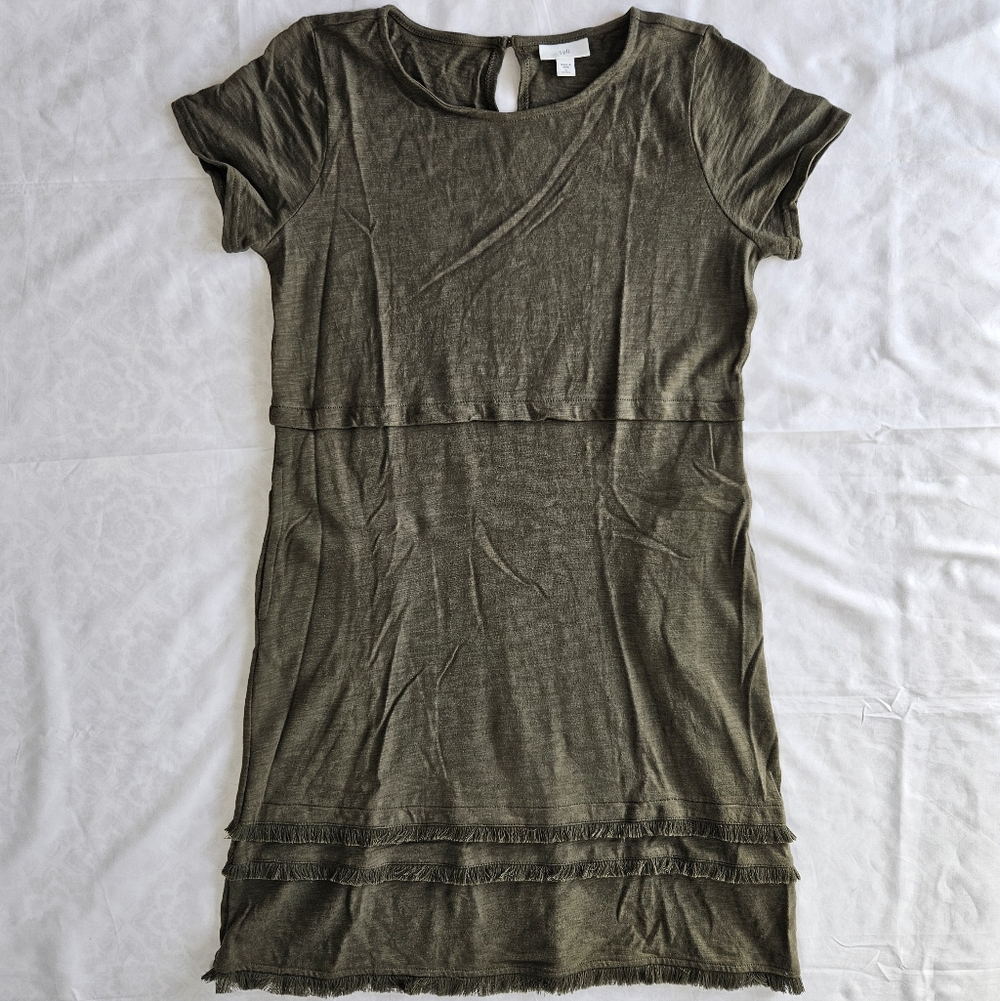 J Jill Womens SP Petite Moss Green Short Sleeve Fringe Dress Pockets